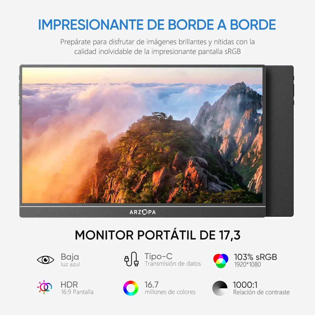 ARZOPA 17.3 FHD Portable Monitor 1080P External Display IPS Screen with USB C mini-HDMI Port for Laptop Mac PC Xbox PS Switch